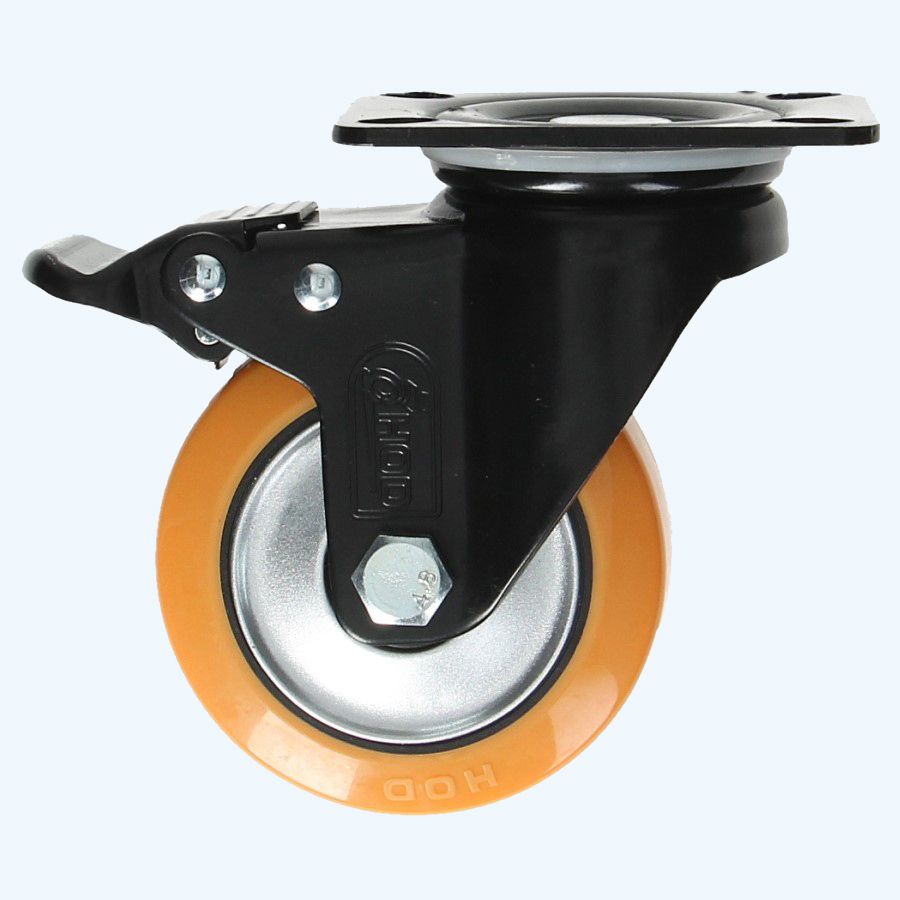 Kogelgelagerd zwenkwiel met rem  oranje 100mm / 180 kg 