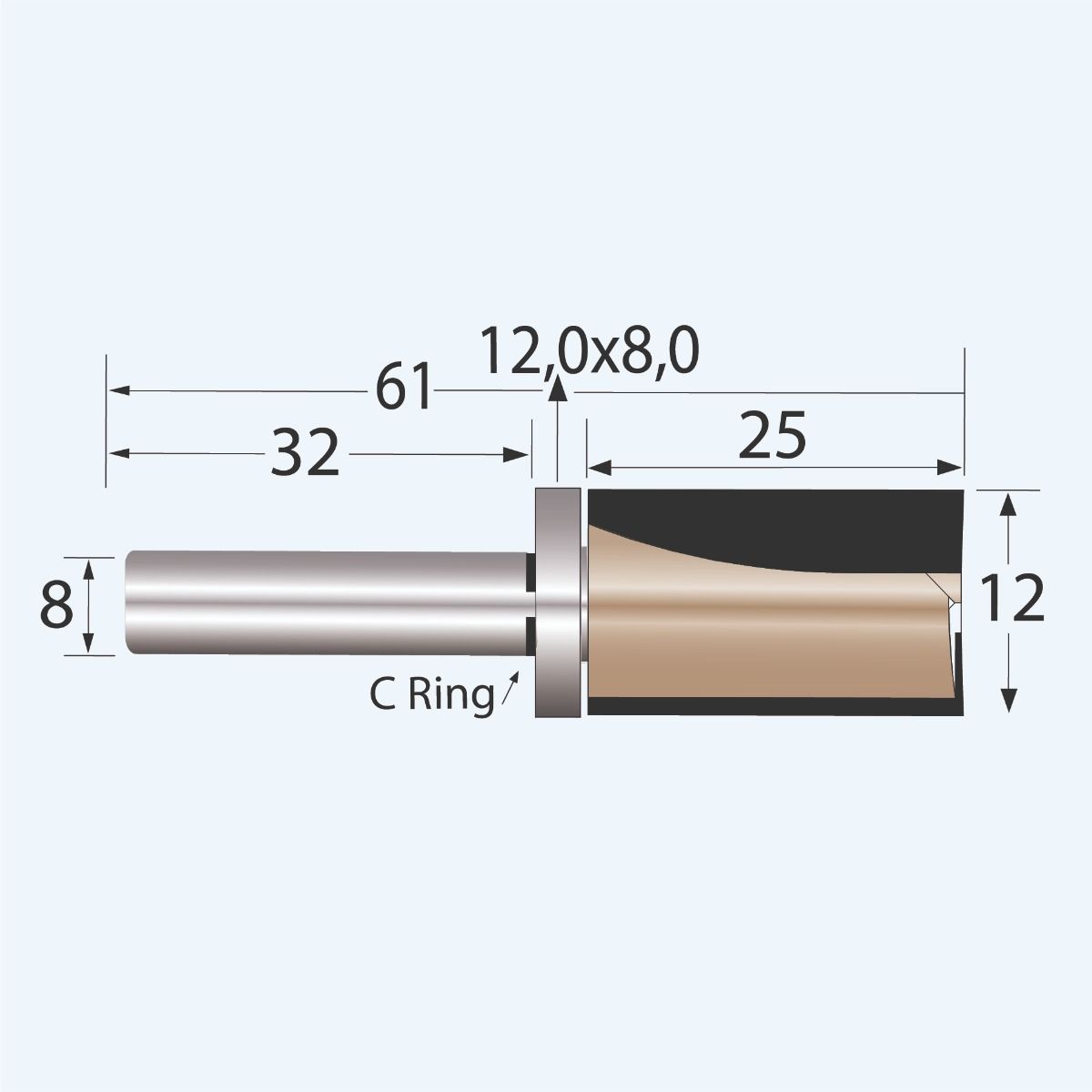 HM kantenfrees Industrial 12,7 x 25 mm met bovenlager