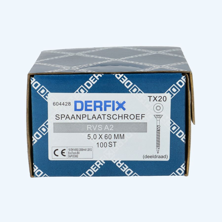 100 stuks RVS A2 spaanplaatschroeven 5,0 x 60 mm Torx  (deeldraad) 