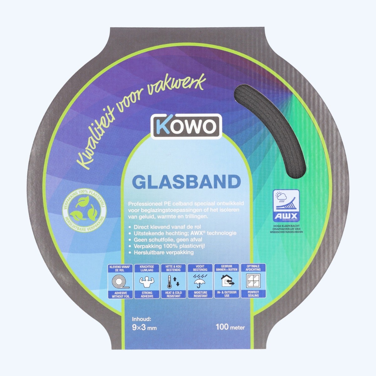 Kowo PE beglazingsband (zwart) 9 x 3 mm 100 meter