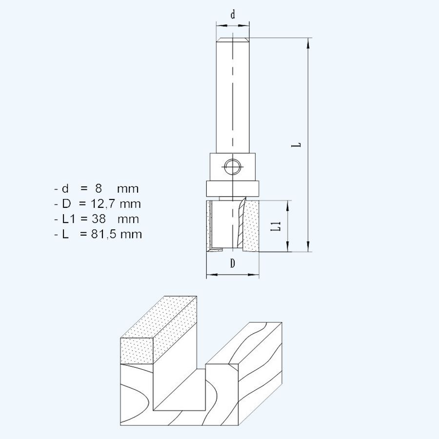 HM kantenfrees 12,7 x 38 mm met bovenlager