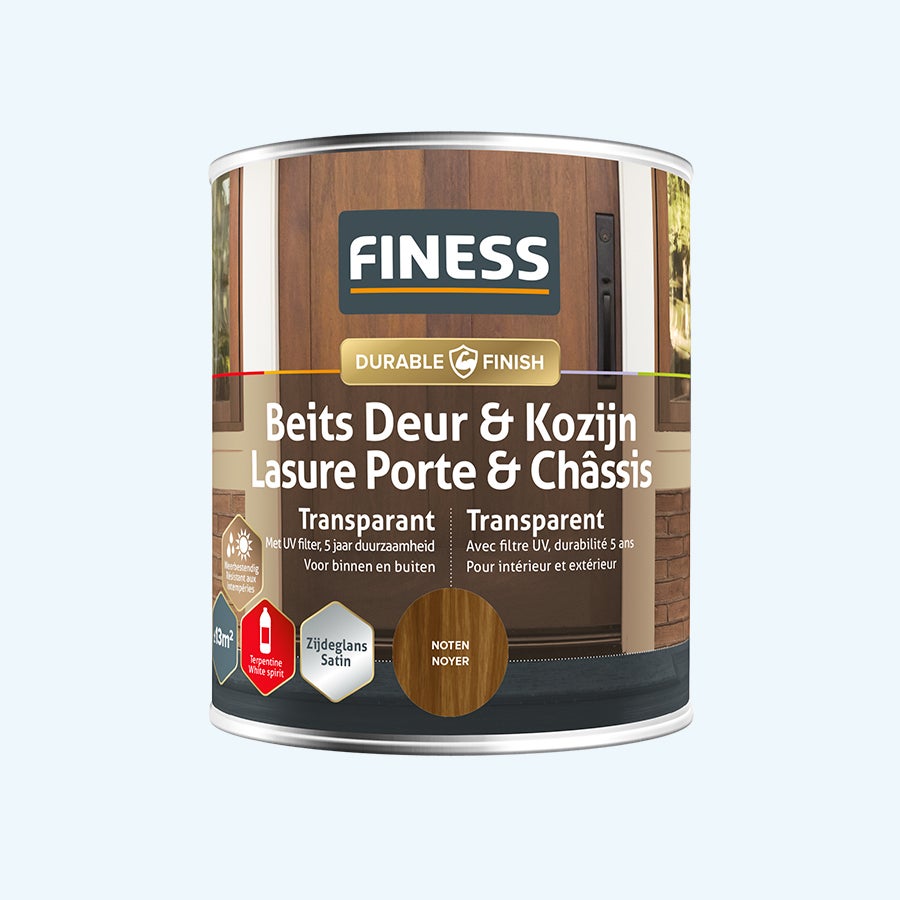 FINESS Beits Deur & Kozijn transparant zijdeglans 750 ml Noten FINESS Beits Deur & Kozijn transparant zijdeglans 750 ml Noten