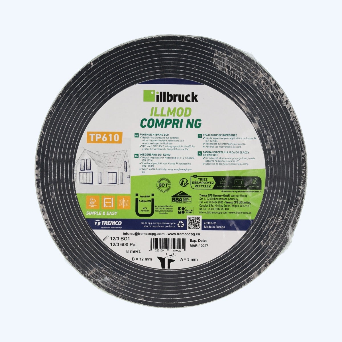 illbruck TP610 Compriband 12 mm / voeg 3 mm x 8 meter illbruck TP610 Compriband 12 mm / voeg 3 mm x 8 meter